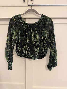 Anthropologie Green Floral Velvet Peasant Blouse - Women